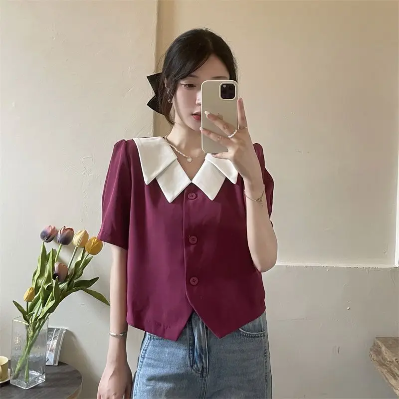 

2022Women's Summer New Shirt Temperament Korean Style Loose Contrast Colorv Collar Shirt Doll Collar French Top