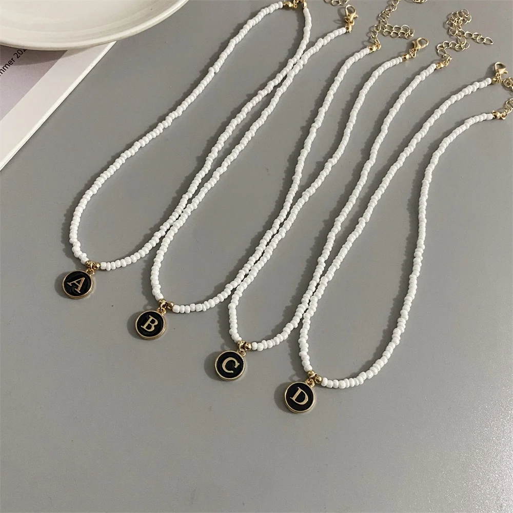 letters initial pendant necklace diy name White Color Seed Bead Necklaces for Women Round Black Letter Woman\'s Choker jewelry
