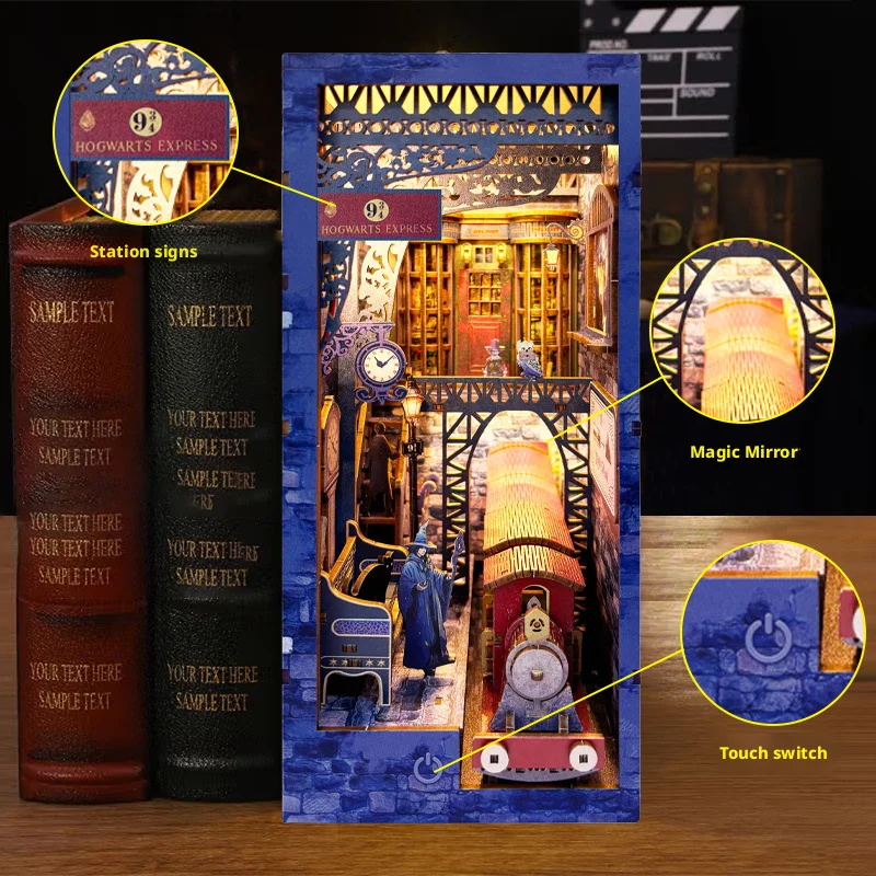 OUZEY DIY magisch thema trein stopboek hoekje -3D houten puzzel miniatuur model kit met beeldjes, uniek huisdecor