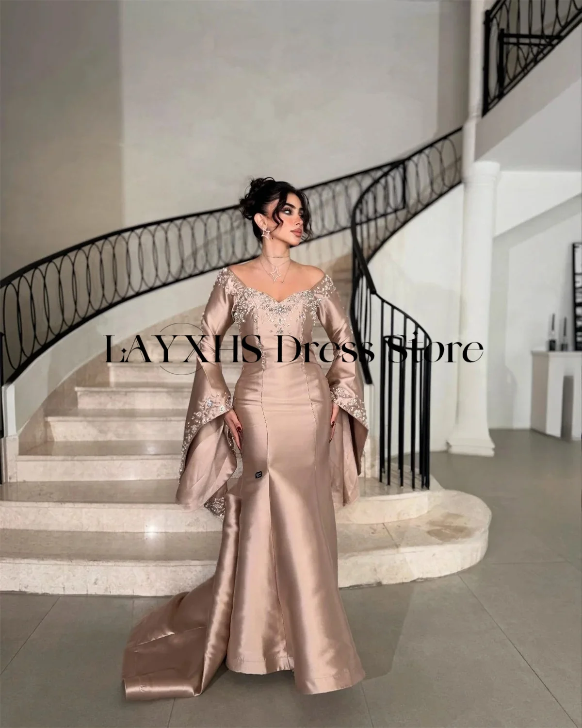 LAYXHS Luxury Off the shoulder Evening Dresses Mermaid Beaded Trumpet Long Sleeve Prom Dresse Customized robes de soirée