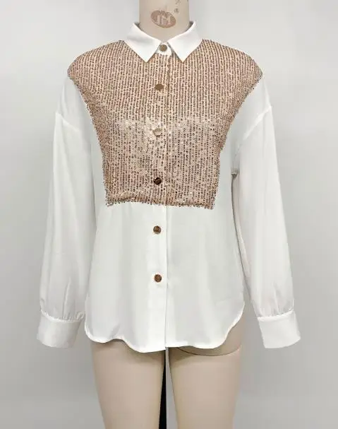 

Women's Glitter Decor Long Sleeve Fashion Shirt Womans Daily Clothes Trendy Street 2025 Autumn New Female Casual Blouses