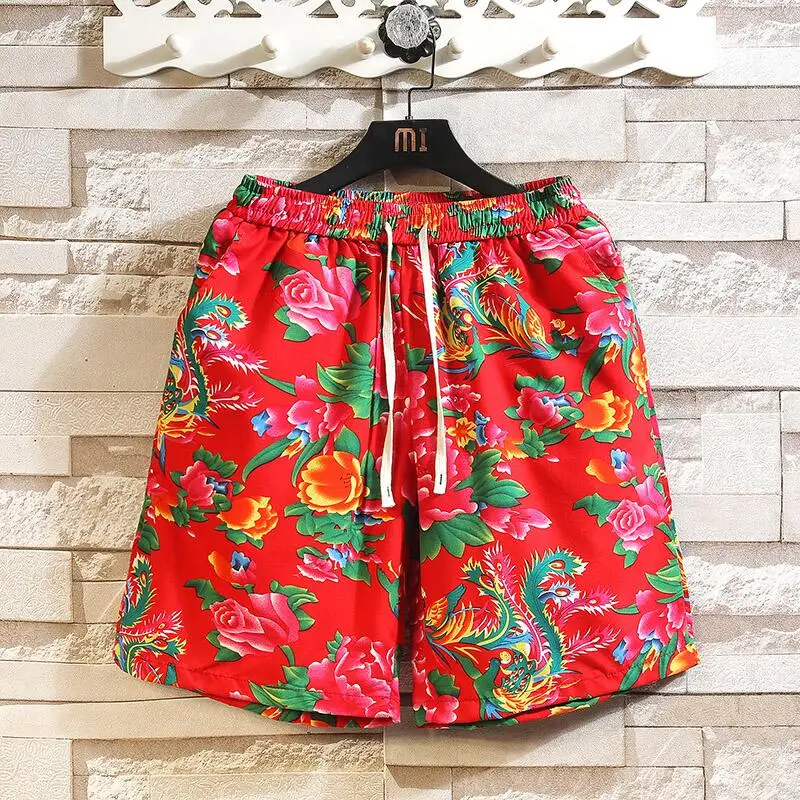 Summer New Men Lace-up Printed Beach Shorts Black / Red / Blue 2024 Male Casual Daily Flower Shorts