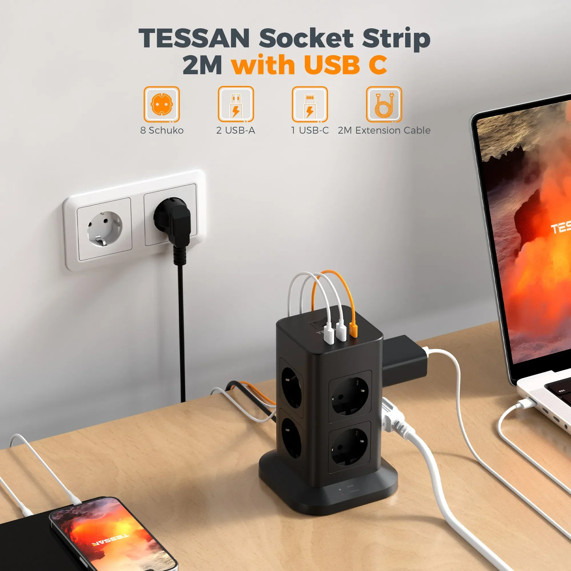 TESSAN Tower Power Strip with USB 2M Extension Cord Black Vertical Tower Power Strip with Surge Protection EU Plug Tower Socket