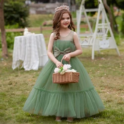 Summer Kids Sage Green Floor-length Princess Dress Red Tulle Birthday Party Ball Gown Carnival Pageant Costume for 1-12-Yr Girls