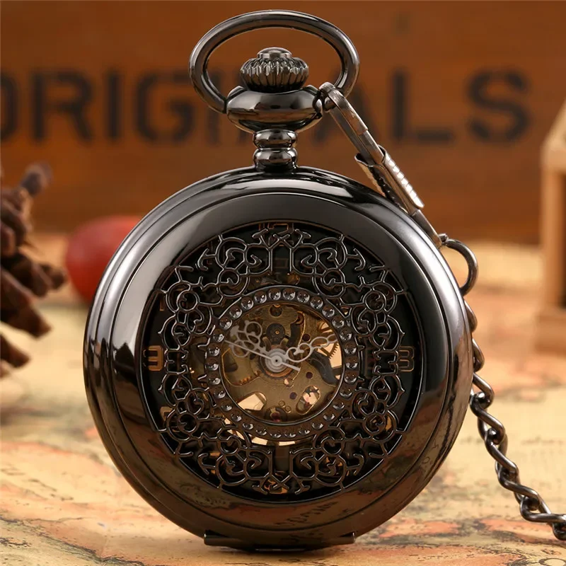 Antique Hollow Out Mechanical Hand Winding Pocket Watch for Men Women Steampunk Half Hunter Clock FOB Pendant Chain Watches Gift