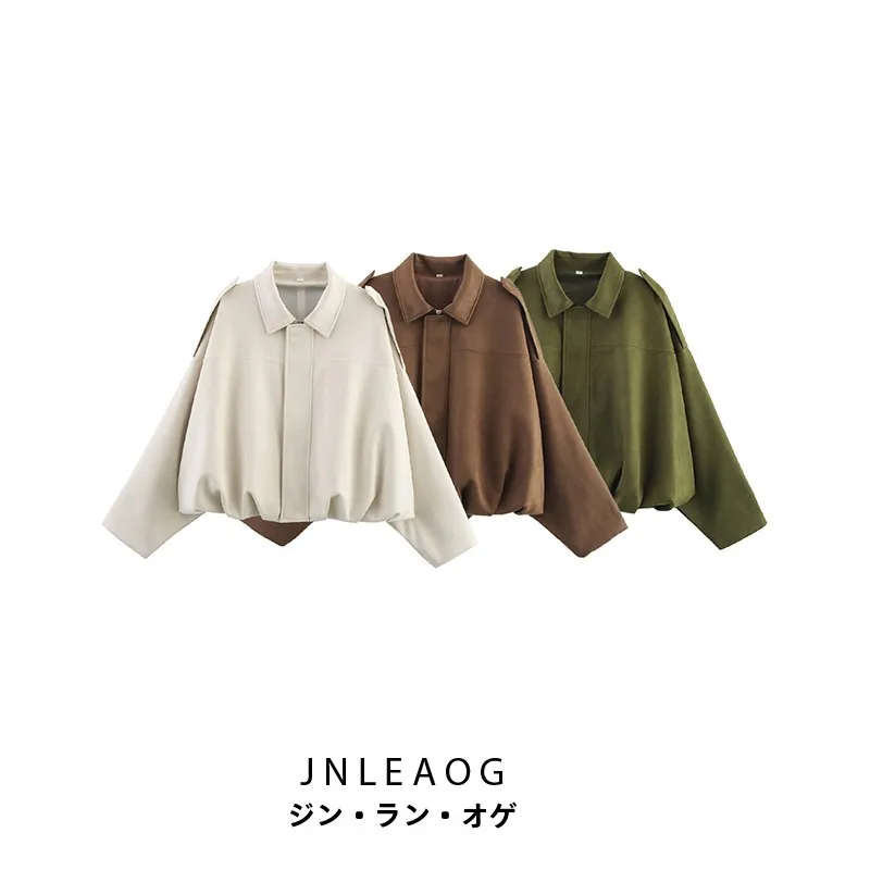 

JNLEAOG Autumn New Women's Faion Design 3 Colors Faux Suede Texture Pilot Jaet Outerwear French Sle Loose Fit Polyester