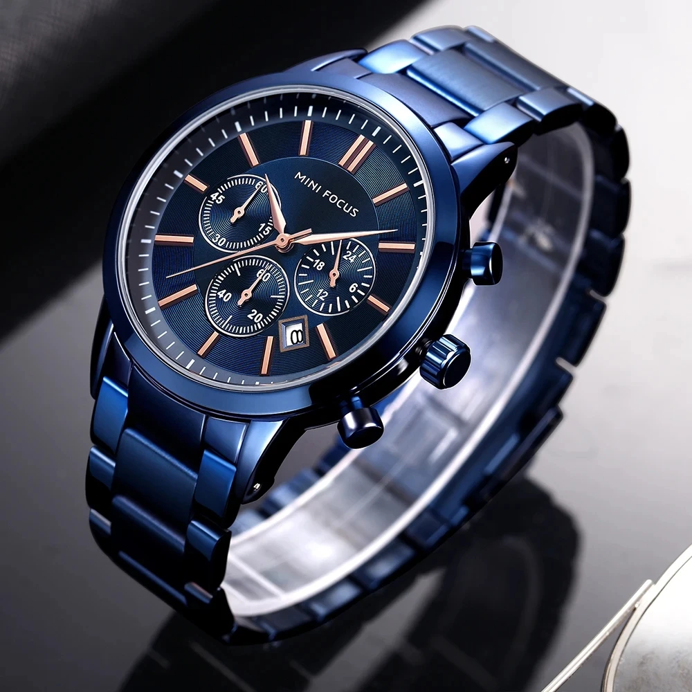 MINI FOCUS 0188 Men Quartz Watches Blue Business Simple Fashion Date Analog Display Stainless Steel Strap Wristwatches for Male