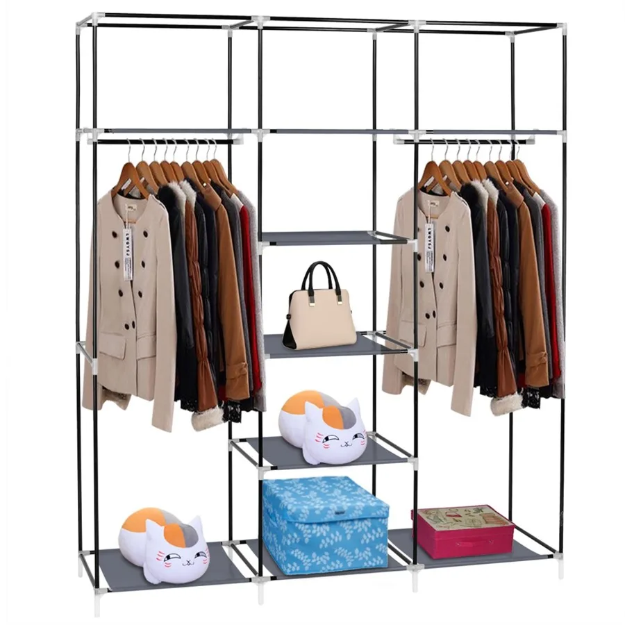 

69 Portable Clothes Closet NonWoven Fabric Wardrobe Double Rod Storage Organizer Gray