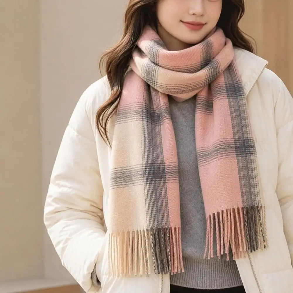 Durable Preppy Style Women's Winter Scarf Soft Cozy Preppy Plaid Scarf Long Tassel Fringe Checkered Shawl Winter Outfit
