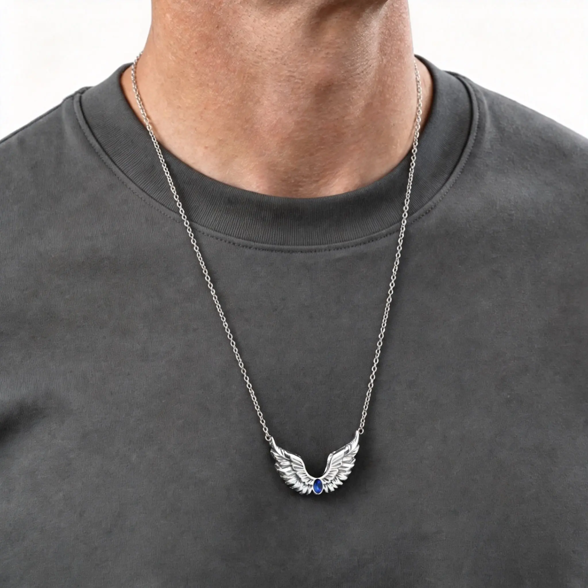 Punk-Engelsflügel-Feder-Halskette für Männer, Edelstahl-Choker mit blauen und schwarzen Zirkonflügeln, neues Schmuckgeschenk für Männer – Detail 3