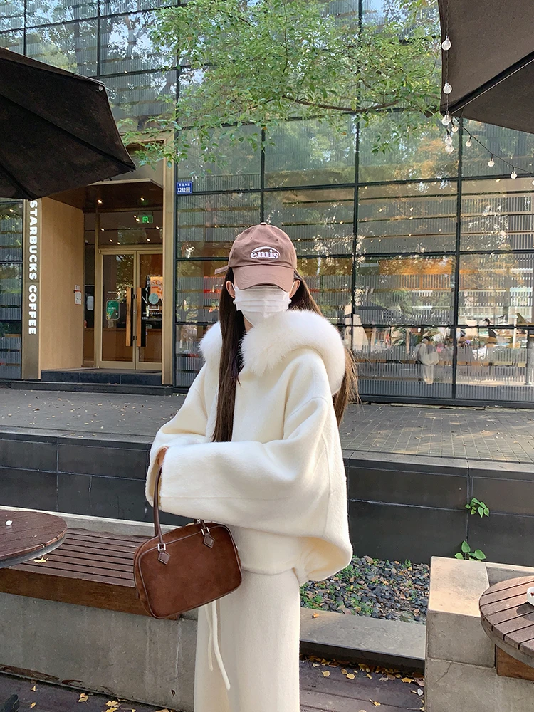 

Double-Faced Woolen Coat with Fur Collar And Camere Sves High-End Commute Sle Long Sve Hooded Coat