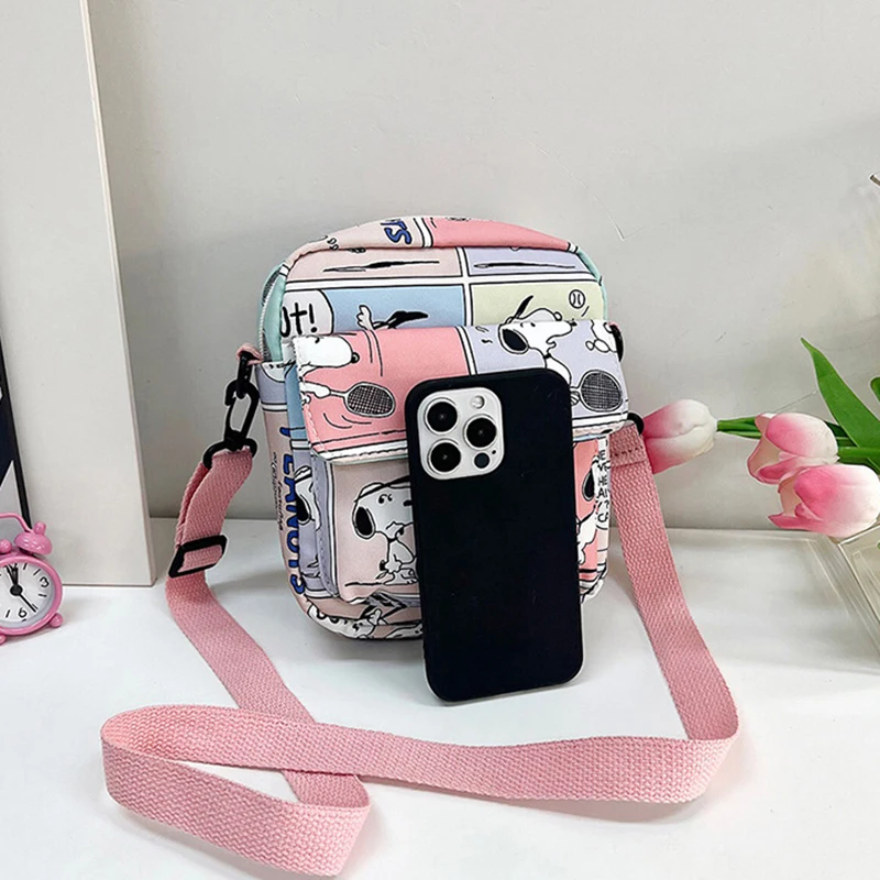 MINISO Disney Cartoon Shoulder Bag Girl Crossbody Phone Bag Cute Snoopy Mini Square Bag Printed Canvas Bag Adjustable Straps