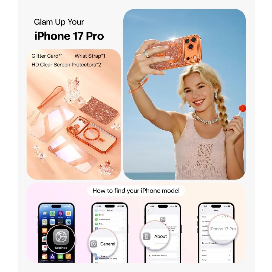 Diseñado para iPhone 17 Pro Funda 6.3 con correa para muñeca con tarjeta Glitter Compatible con MagSafe Incluye protección de pantalla 2X HD