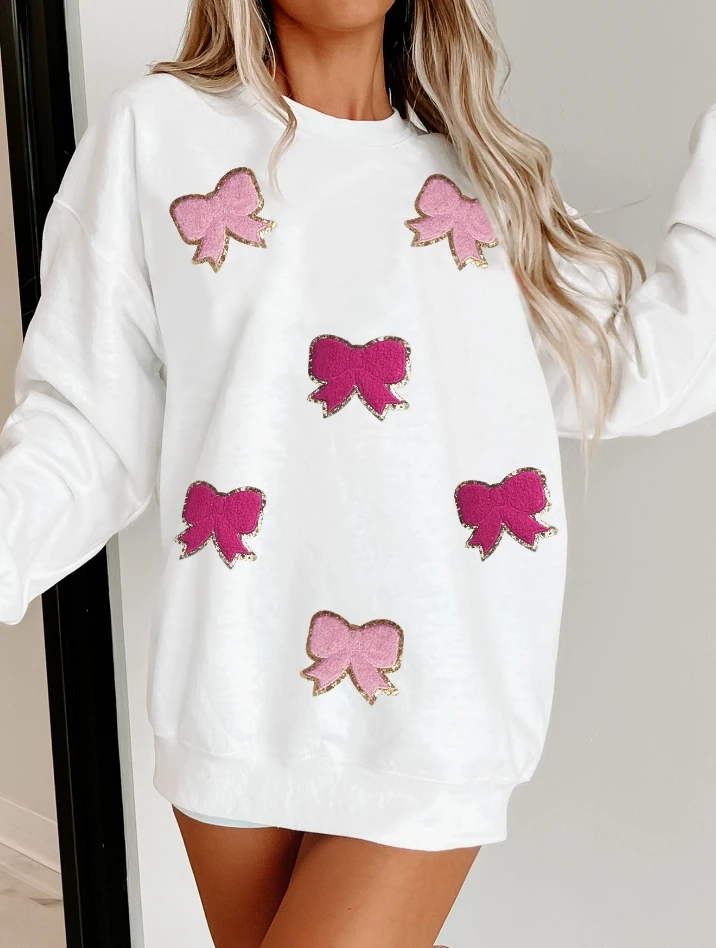 

Women Sweatshirt 2024 Autumn and Winter Casual Sweet Bow Pattern Towel Embroidery Design Round Neck Long Sleeved Sweatshirt Top