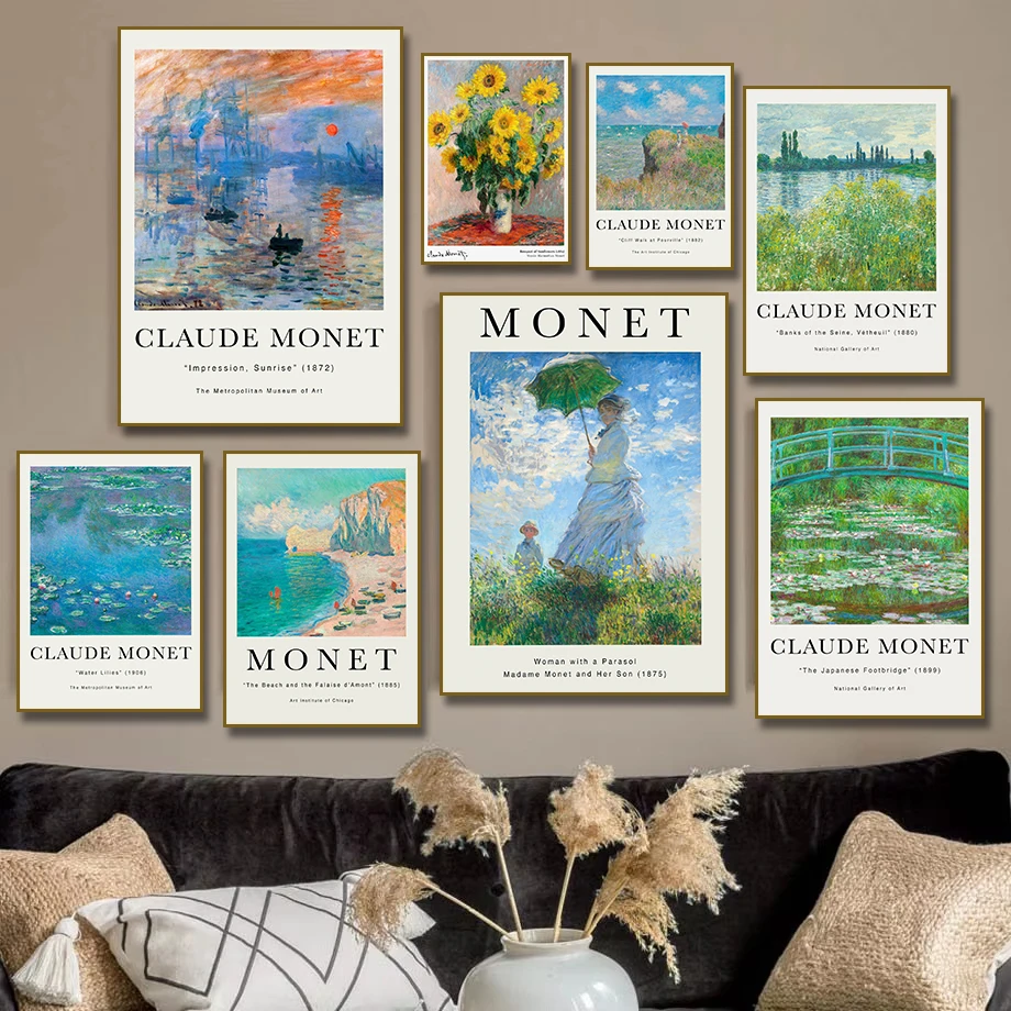 Claude Monet Exhibition Poster Woman with A Parasol Water Lilies Canvas Painting Print Wall Art Mural Living Room Home Decor