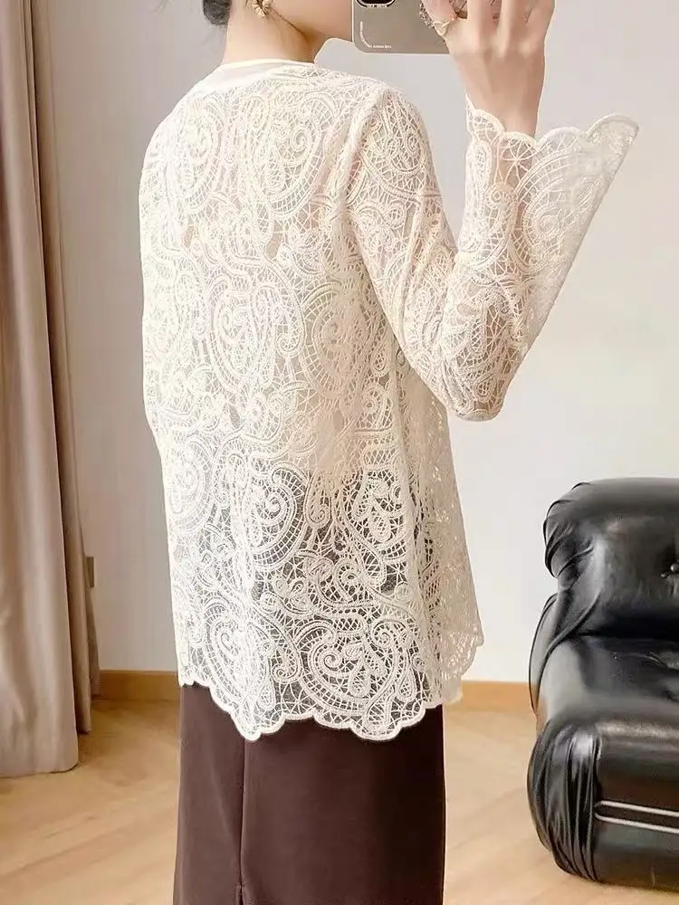 Sweter Wol Halus Musim Semi Musim Gugur Kasual Leher Bulat Pullover Renda Berongga Bawah Slim Fit Blus Jumper untuk Wanita