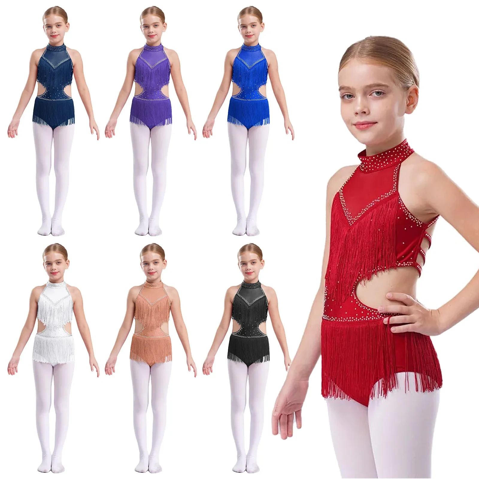 

Kids Girls Latin Salsa Tassel Dancing Dress Sleeveless Shiny Rhinestones Fringed Leotard Cha-Cha Rumba Samba Tango Dancewear