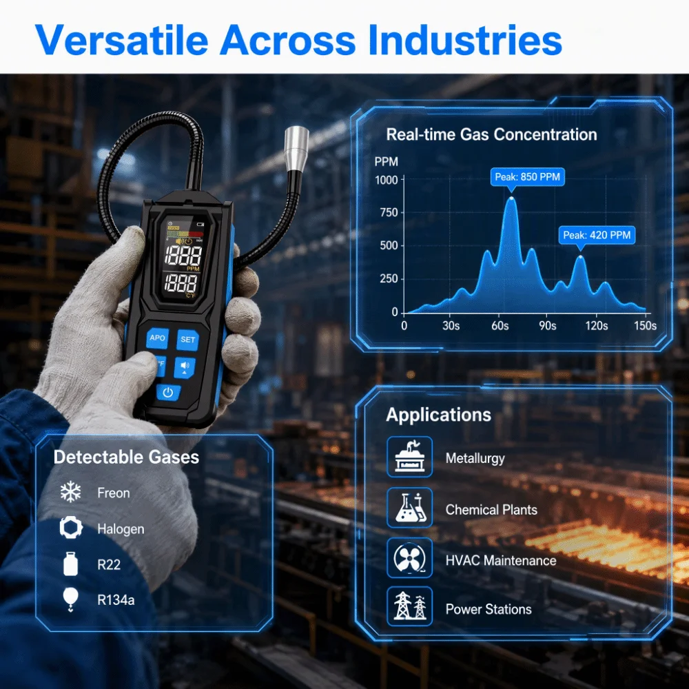 High Sensitivity Refrigerant Leak Detector Portable Tester Digital Display Air Conditioner Detector 0-1000PPM Handheld Design