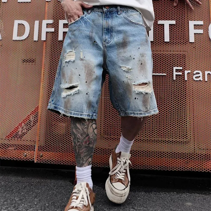KIDWHXR Men's Denim Short Scontrast Color Distressed Hole Male Casual Shorts Streetwear Loose Straight Man Knee-length Jeans view 4