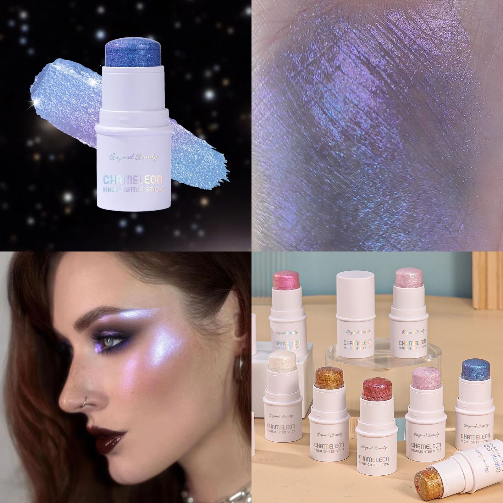 カメレオンホログラフィックグリッターシマースティック、顔と体のメイクアップ、光で色が変化、長持ちする高色素