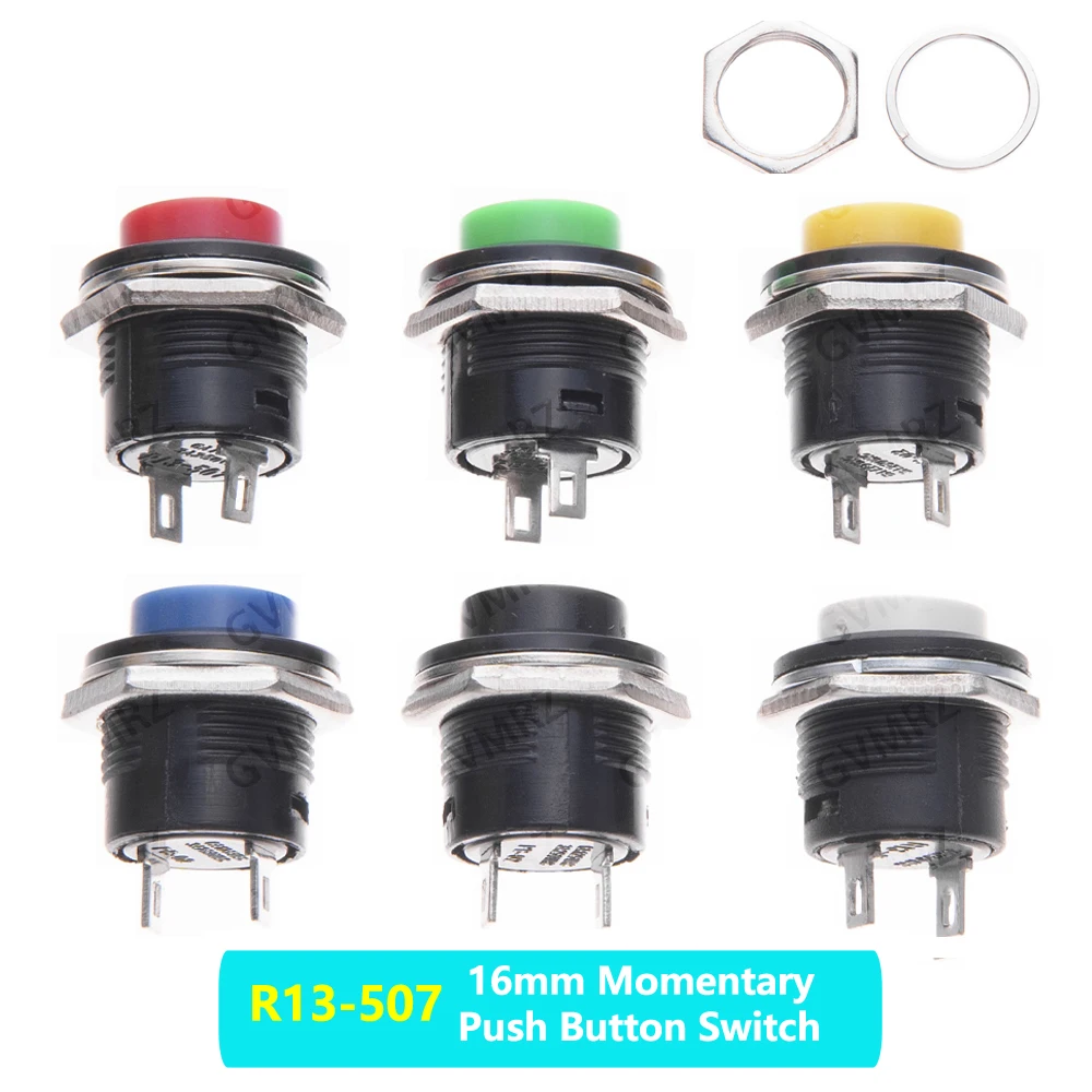 5PCS R13-507 16mm Momentary Push Button Switch -3A/250VAC 6A/125VAC 6-Color Self-Reset Round Switch for Industrial Control 16mm