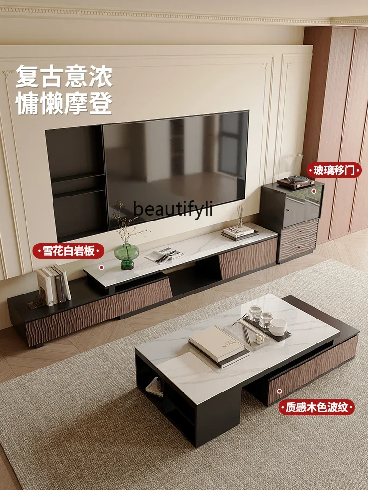 Retro rock slab telescopic TV cabinet storage solid wood TV cabinet