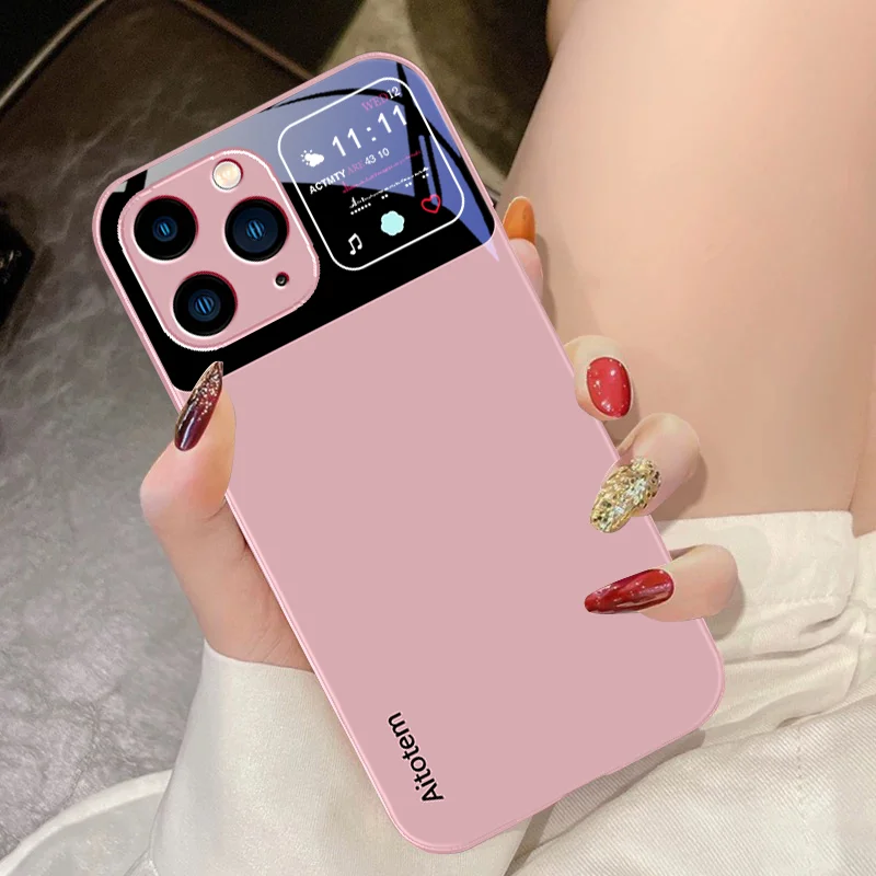 Funda de teléfono de vidrio templado negro para IPhone 15 Pro 14 13 12 Mini 11 XS Max XR 7 8 Plu SE 2020 2022 ventana grande líquida