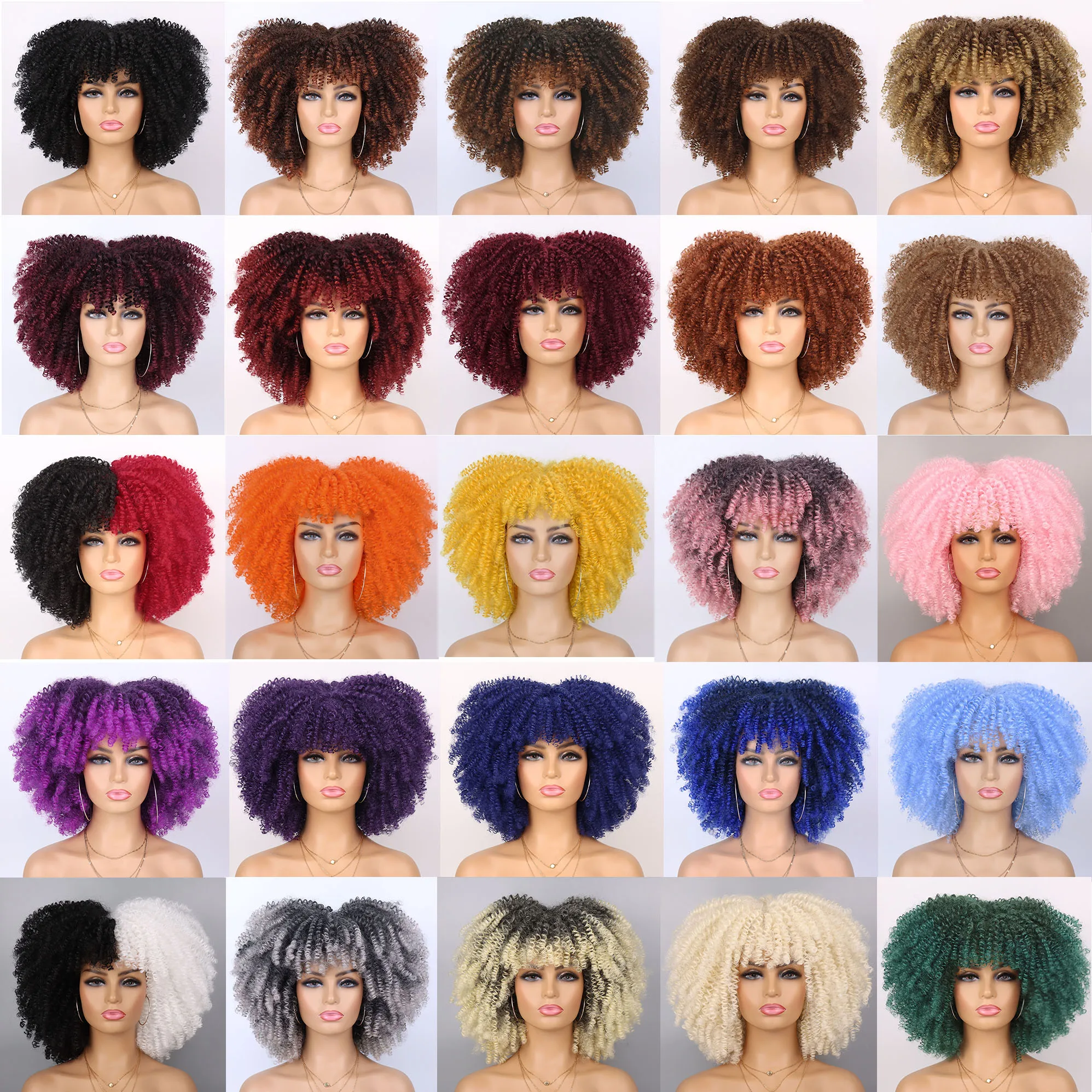 Synthetic Afro Curly Wig with Bangs Afro Wigs for Women Heat Resistant Short Kinky Curly Wigs for Daily Party