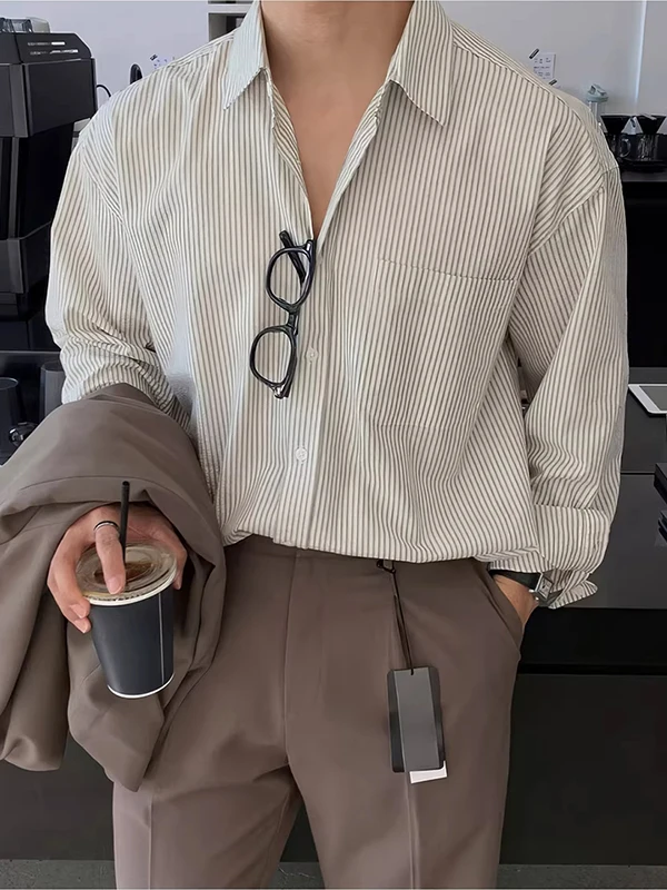 

Lightweight Pure Cotton Striped Long Sve irt Men's Loose Fit Busin Casual Spring Autumn Casual Sle Button up Top