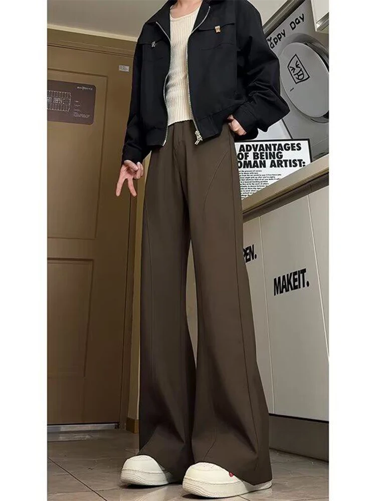 

Brown Men's Straight Leg Suit Pants Draped American High Street Winter Faion Trousers Youthful Cool Sle Pure Polyester