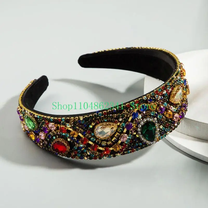 

652F Baroque Colorful for Rhinestone Bandana Faux Crystal Inlaid Wide Hair Ho
