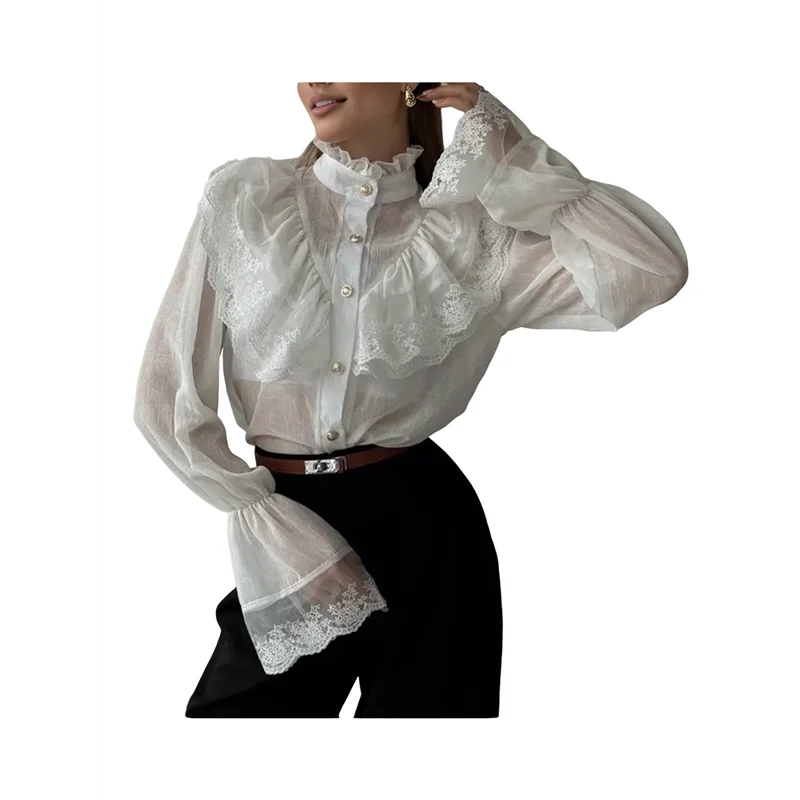 

ABRT-Women's Elegant Ruffle Shirt Long Sleeves Neckline Button-Up Victorian Style Shirt Top