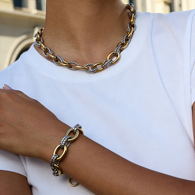 EILIECK 316L Edelstahl Zweifarbiges Ovales Halsketten-Armband-Set für Damen Hip-Hop Punk Twisted Halskette Schmuck Geschenk – Detail 11