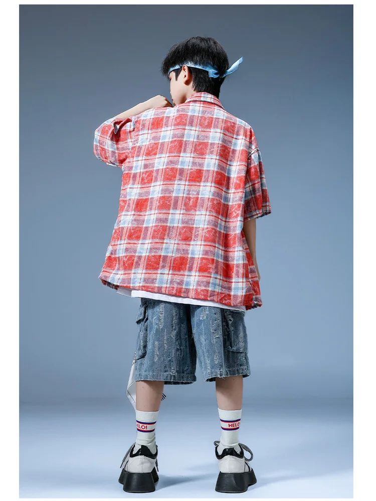 Boys Hip Hop Sets Red Plaid Shirt Denim Vest Jeans Short Girls Jazz Street Dance Clothes Kids Streetwear Teens Costume