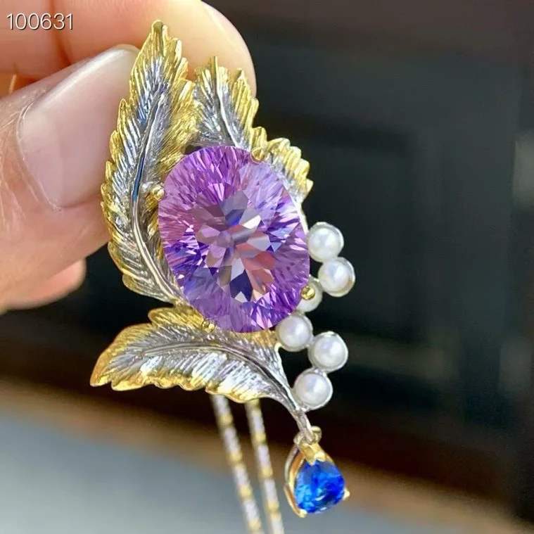 Natural Purple Amethyst Pendant, 925 Silver Two-Tone Handmade Floral Gemstone Jewelry Gift for Women