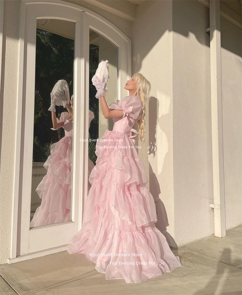 Xijun Blush Pink Princess Long Evening Dresses Tiered Organza Formal Graduation Party Gowns Puff Sleeves Fairy Ball Gowns 2024