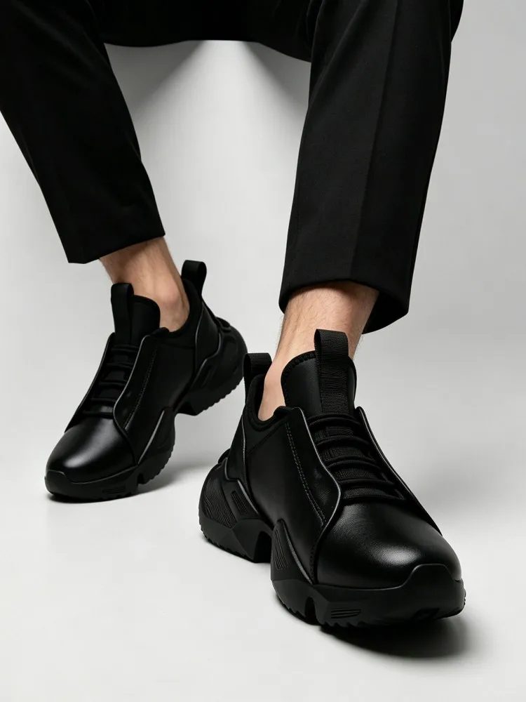 Mens Thick Platform Casual Sneakers Lace Up Low Cut Cowhide Genuine Leather Shoes Joggers Trainers Footwear Height Increasing
