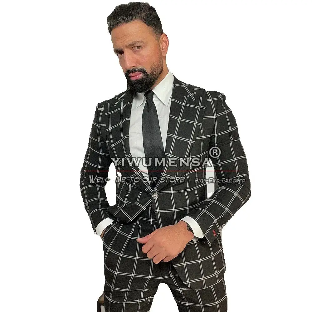 

Classic Business Suits Men Slim Fit Plaid Check Single Breasted Prom Blazer Customized 2 Pieces Smart Casual Dinner Party Tuxedo