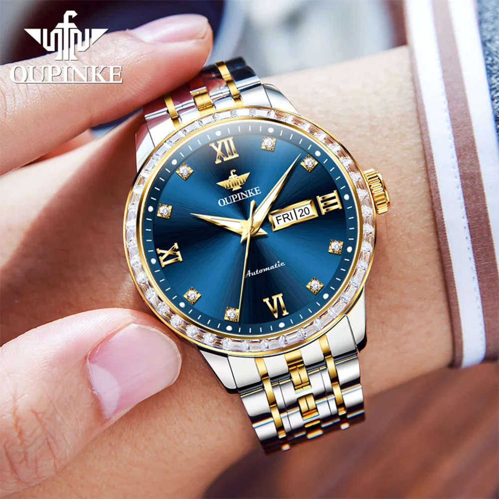 OUPINKE Top Brand Men's Watches Imported Automatic Movement Steel Strap Dual Calendar Display Waterproof Starry Sky Wristwatch