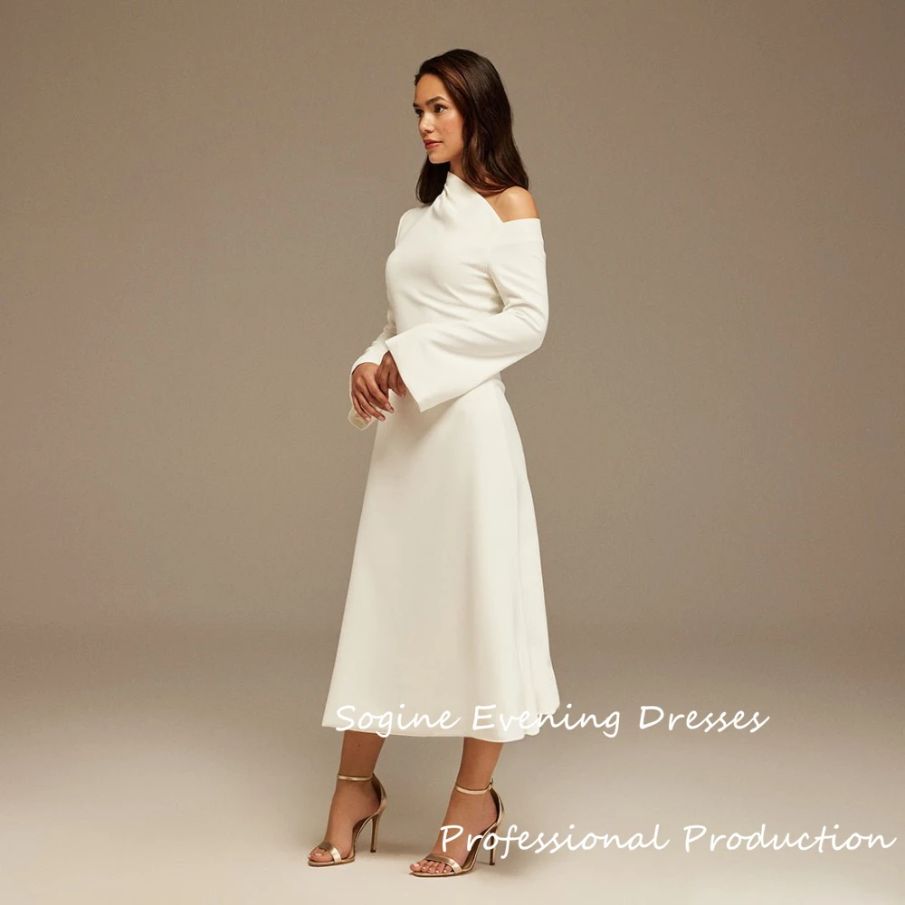 كريب عارية الرقبة فساتين لحضور الحفلات الموسيقية العاج طول الكاحل فستان سهرة بأكمام طويلة مشد Vestidos De Fiesta منتفخ هيم مخصص #2