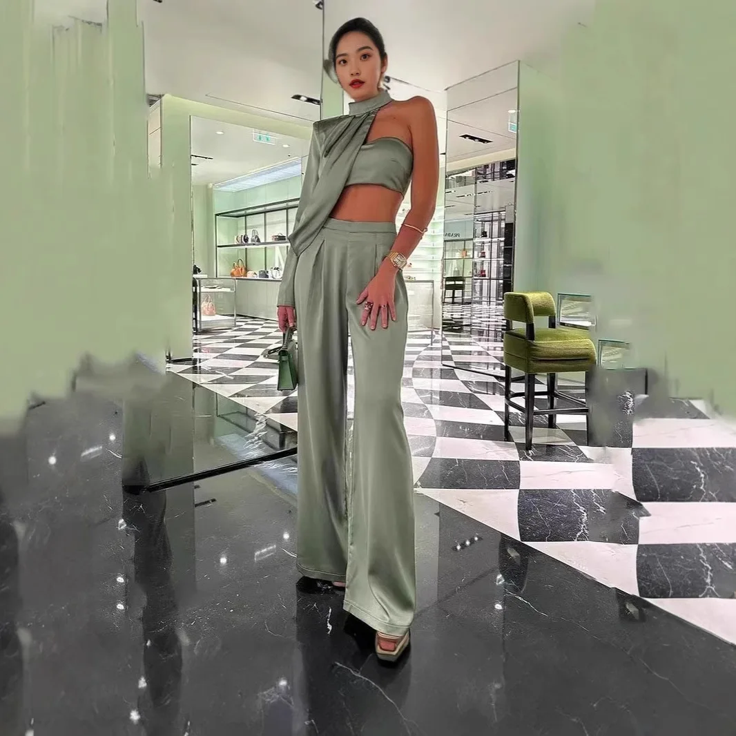 

Women Two Piece Sets Wide Leg Pants Top Halter Strapless Solid Color Sexy Suit Trousers Ensemble 2025 Temperament Female Outfits