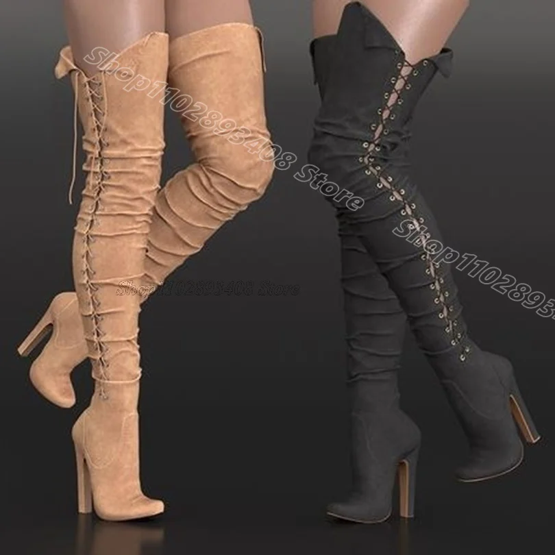 

Cross Band Pleated Boots Personality British Style Spring Women Party Stiletto New Fashion Over Knee Boots Zapatos Para Mujere