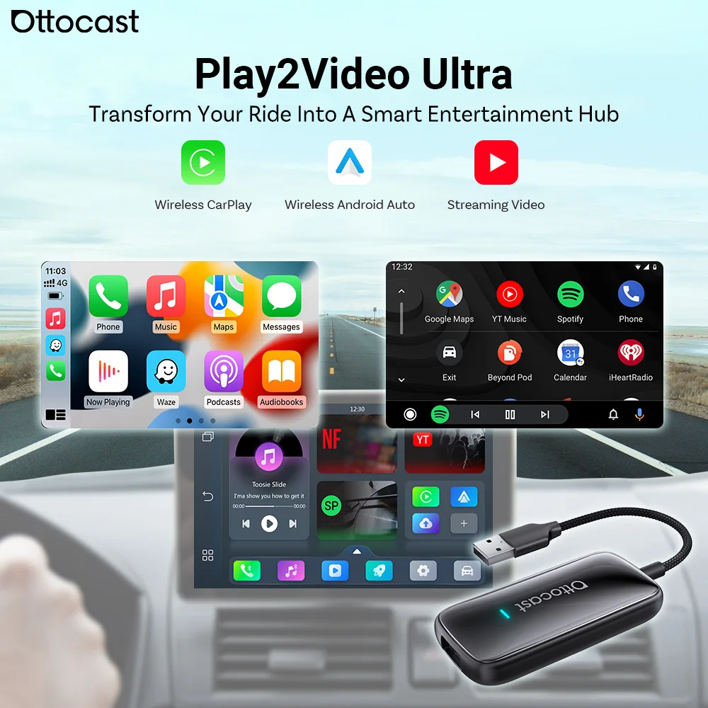 

Ottocast Play2Video Ultra: Беспроводной медиаплеер для CarPlay и Android Auto с WiFi6, AI-бокс, YouTube, Netflix, двойной WiFi, установка приложений для VW