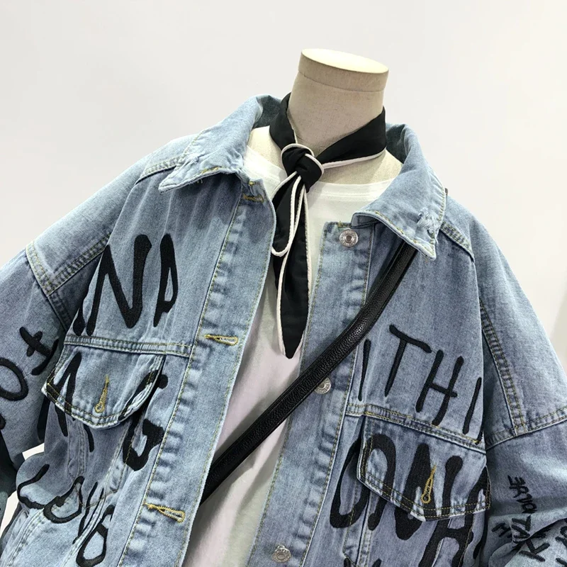 Korean Casual Embroidered Letters Women's Denim jacket Washed Blue Coat Spring Loose Vintage Harajuku Jeans Jacket Streetwear