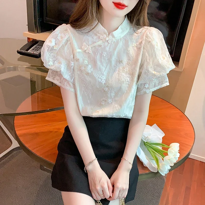 2023 Summer Vintage Women Chinese Style Sequined Embroidery Top Shirt , Woman Clothes Cheongsam Short Sleeve Top Shirts