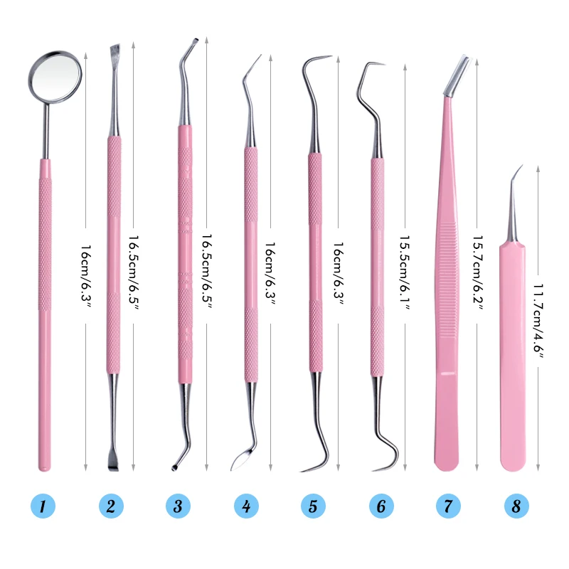 Kit de limpieza de herramientas bucales de dentista, pinzas de espejo de boca rosa, doble sonda, hoz, escalador, instrumento de dentistería, 8 Uds.