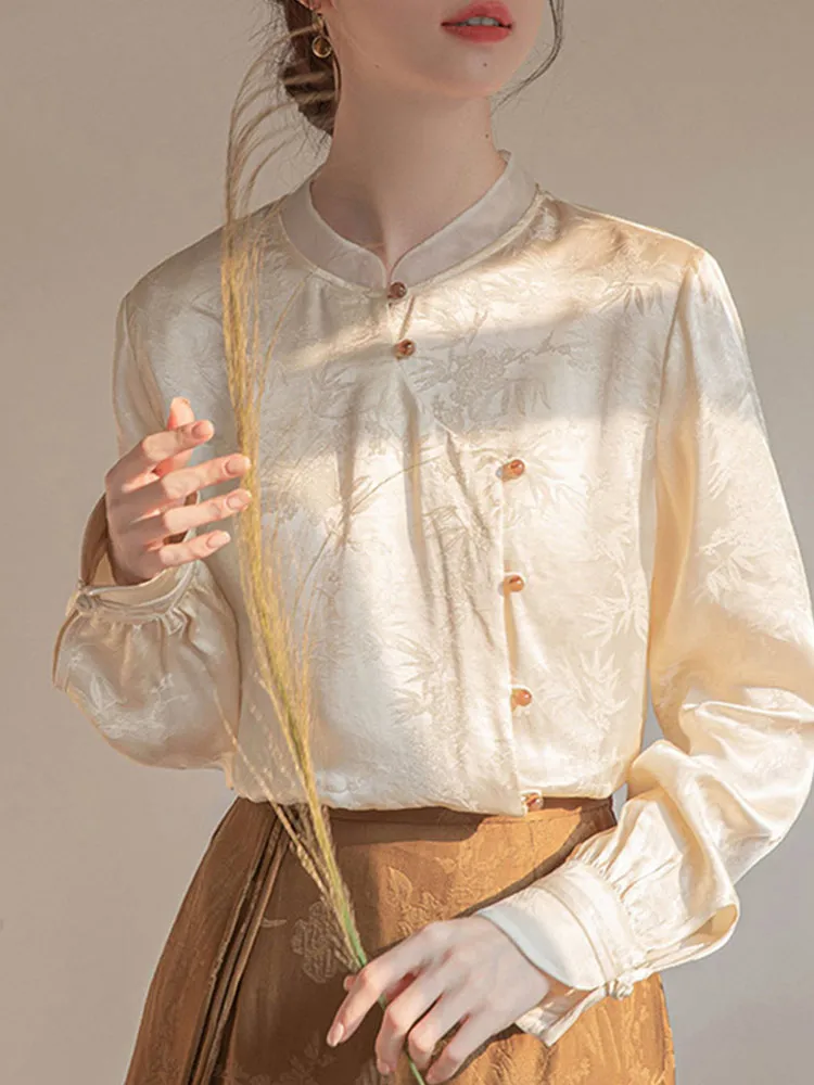 New Chinese Sle Embroidered Long Sve Casual irt Ele Slimming Age-Defng National Spirit Faionable Top