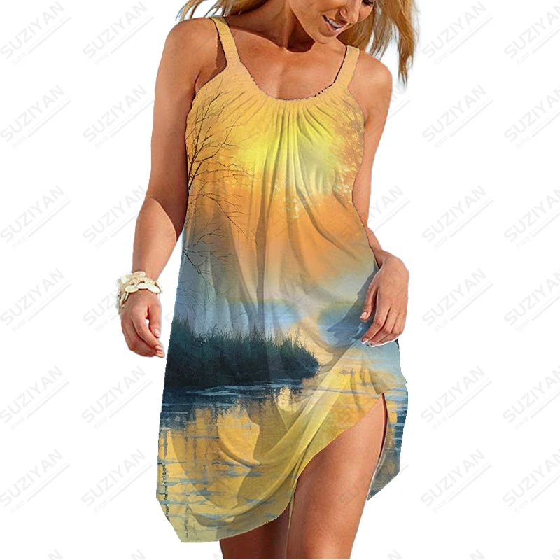 

Chinese Style 3D Printed Dress Summer Round Neck Sleeveless Dress Outdoor Casual Dress Female Fashion Popular Dress