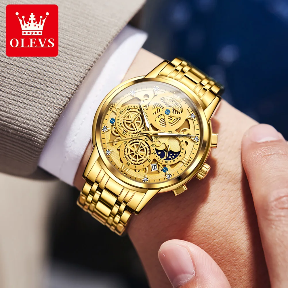 OLEVS 9947 Mens Watch Original Top Brand Luxury Waterproof Quartz Watches For Man Skeleton Multifunctional Chronograph Watch - Image 3