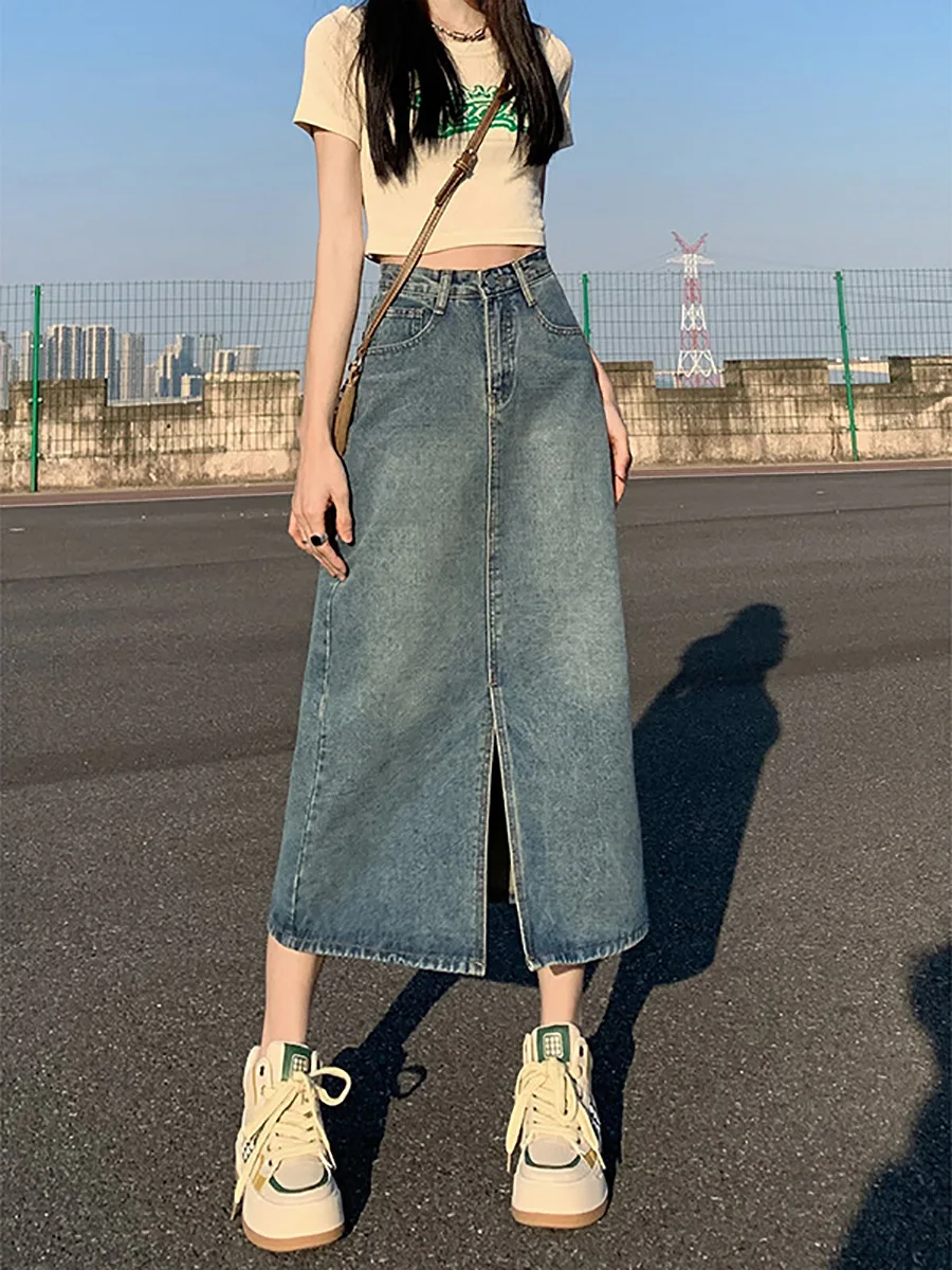 

Split Denim Skirts For Women Spring Autumn Vintage High Waisted 2024 New Casual Distressed A-Line Mid Length Skirt Summer Faldas